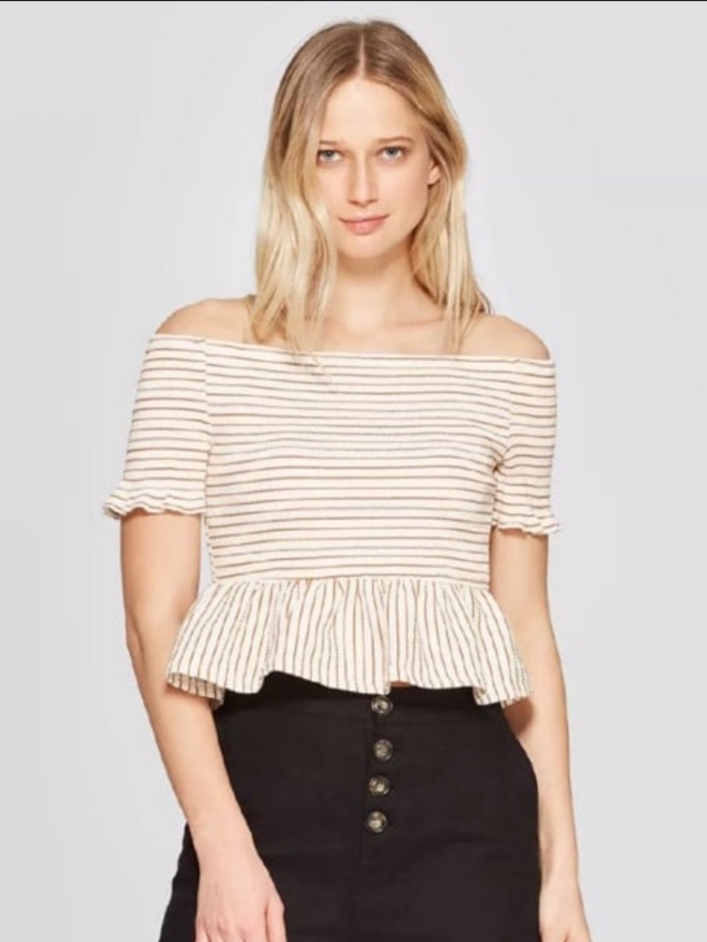 Who What Wear Cream Striped Off-Shoulder Peplum Crop Top